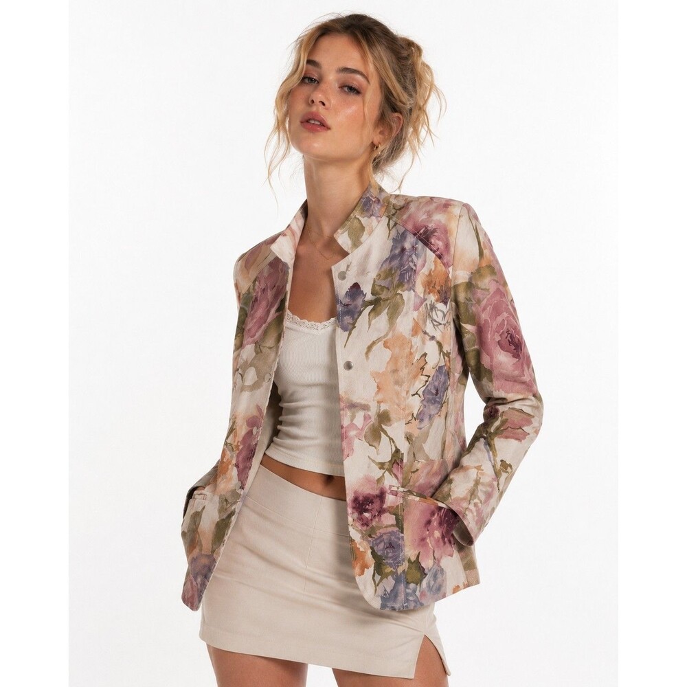 Coldwater Creek Floral Jacket Womens Size 12 Pastel Watercolor Snap Front Blazer